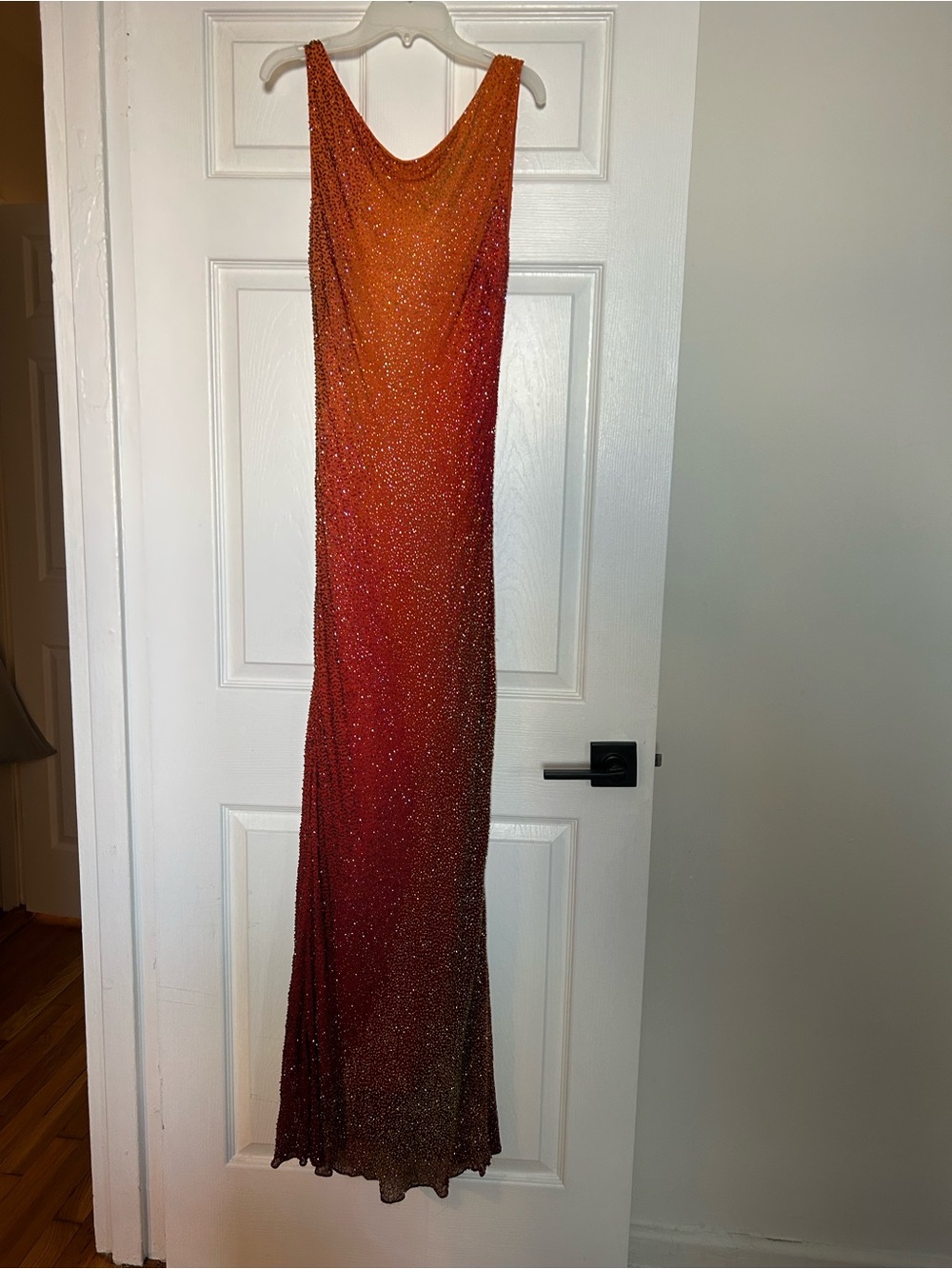 Jovani Orange to Red Ombre Beaded Cowl Neck Gown